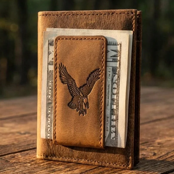 Leather Money Clip Wallet with Eagle Design - Slim & Stylish