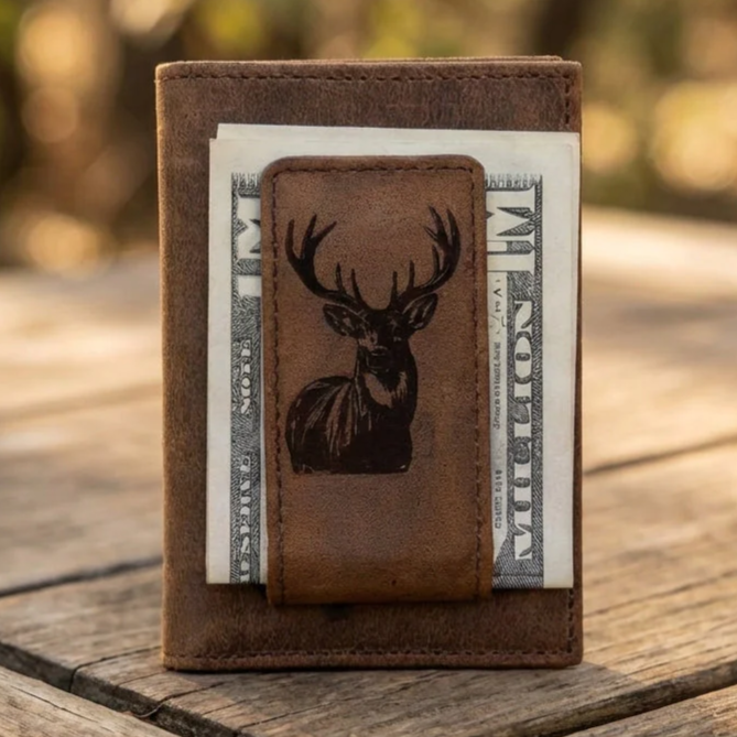 Leather Money Clip Wallet with Standing Buck Deer Engraving - Rustic Brown