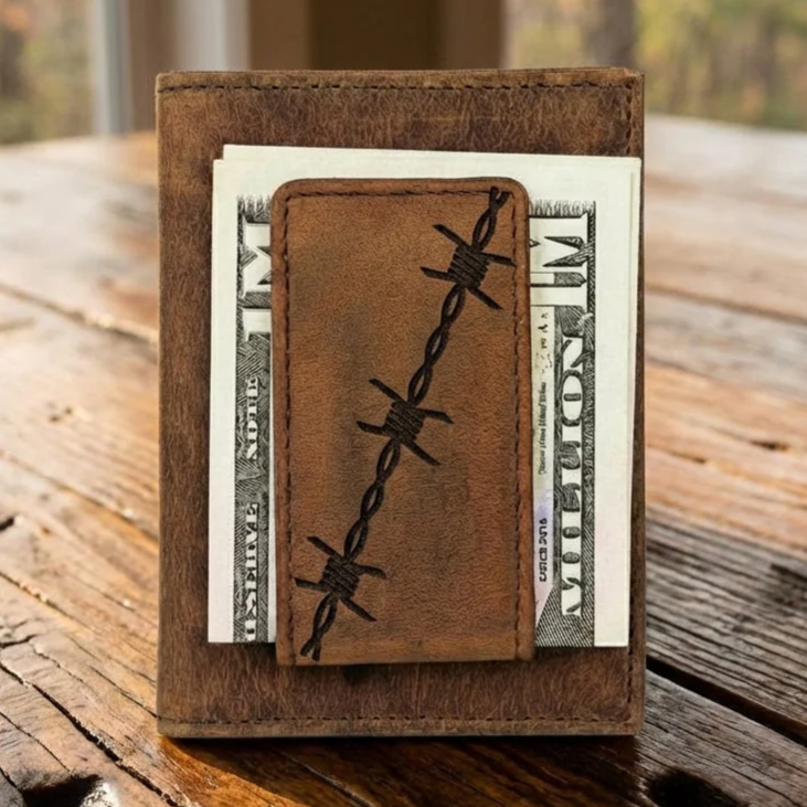 Rustic Leather Money Clip Wallet - Barbed Wire Design