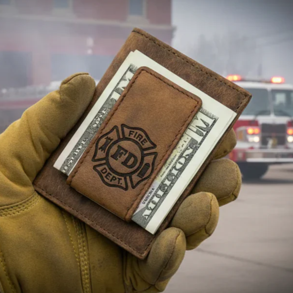 Leather Money Clip Wallet with Fire Dept. Emblem
