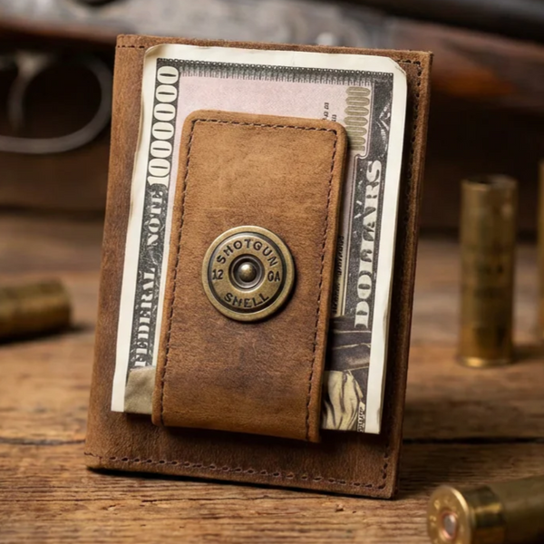 Leather Money Clip Wallet with Shotgun Shell Detail