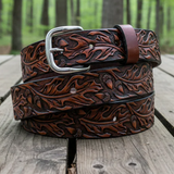 Custom Carved Leather Belt - Oak Leaf and Acorn Design - Personalized 