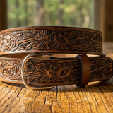 Handmade Carved Morning Glory Western Leather Belt - Tooled Full Grain Cowhide