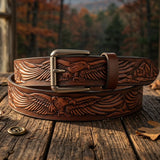 Handcrafted Men's Leather Belt, Eagle & Mountain Design - Miller's Lea