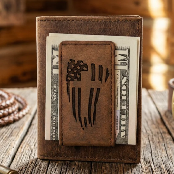 Leather Money Clip Wallet with American Flag Design