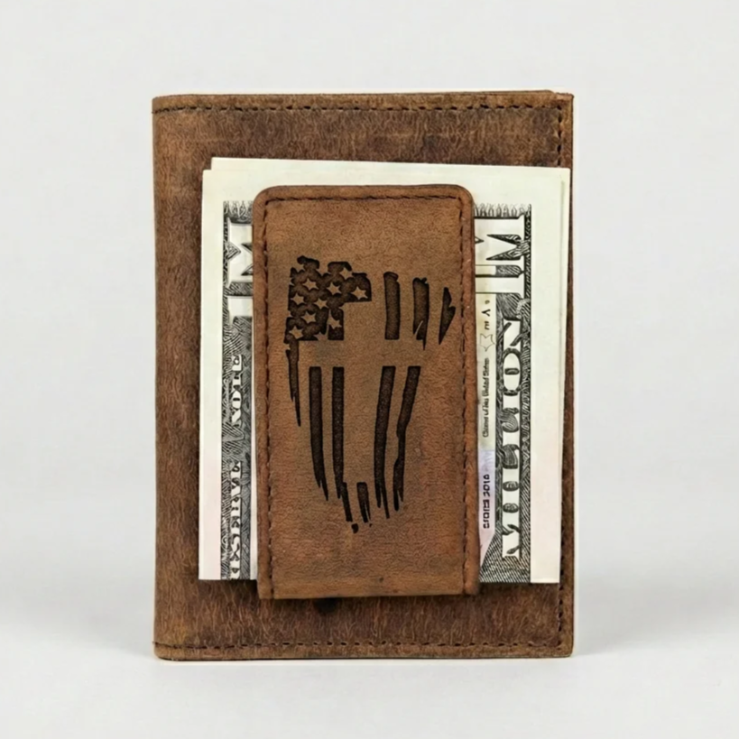 Leather Money Clip Wallet with American Flag Design