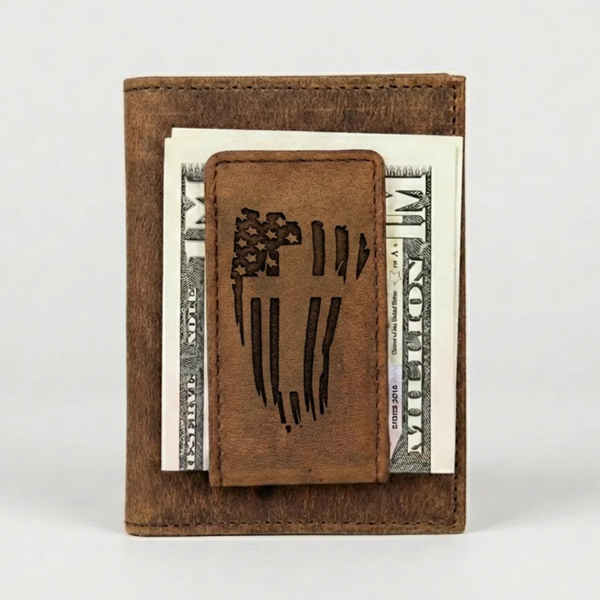 Leather Money Clip Wallet with American Flag Design