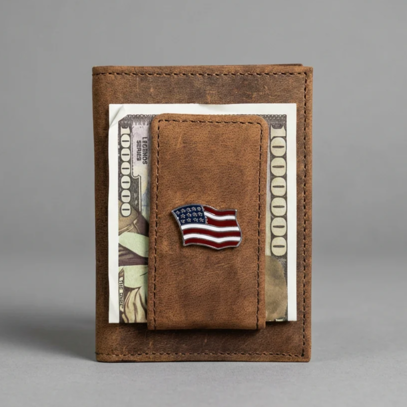 Leather Money Clip Wallet with USA Flag Concho - Brown