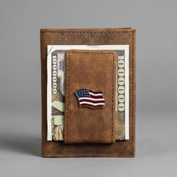 Leather Money Clip Wallet with USA Flag Concho - Brown