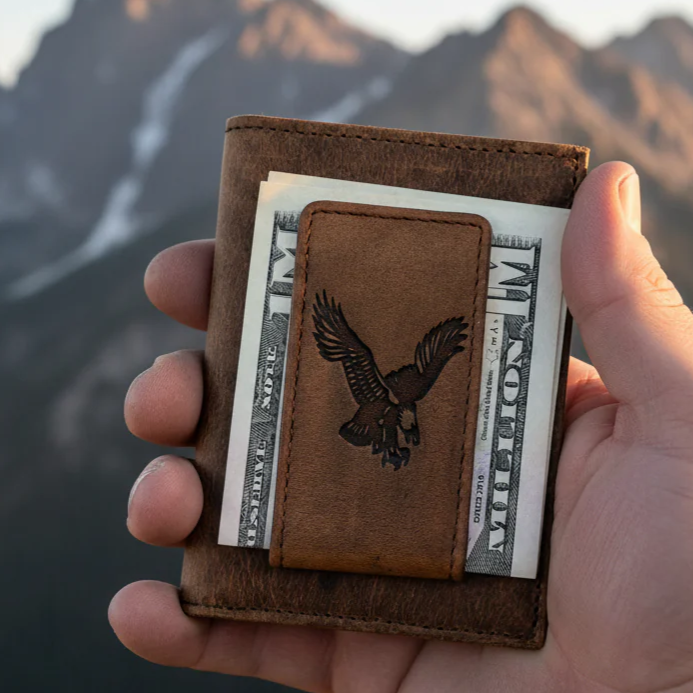 Leather Money Clip Wallet with Eagle Design - Slim & Stylish
