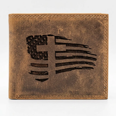 Christian American Flag Wallet with Cross - Distressed Leather Bifold