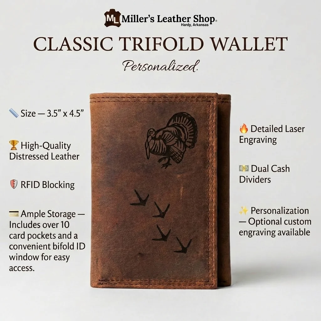 Distressed brown leather trifold wallet featuring an engraved wild turkey and turkey tracks.