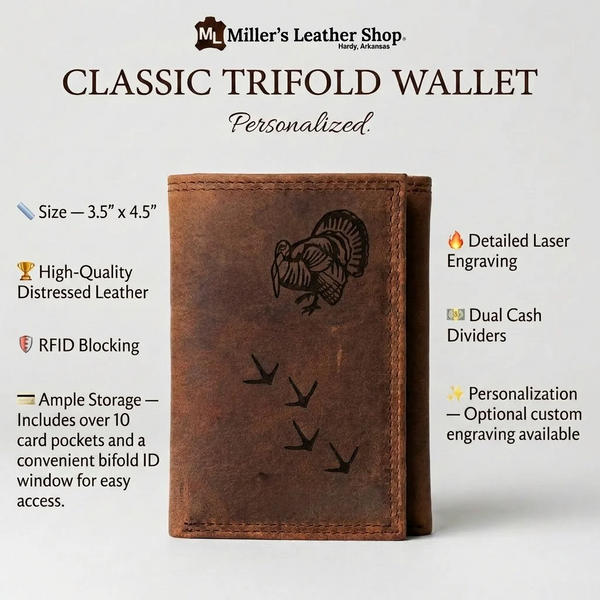 Distressed brown leather trifold wallet featuring an engraved wild turkey and turkey tracks.