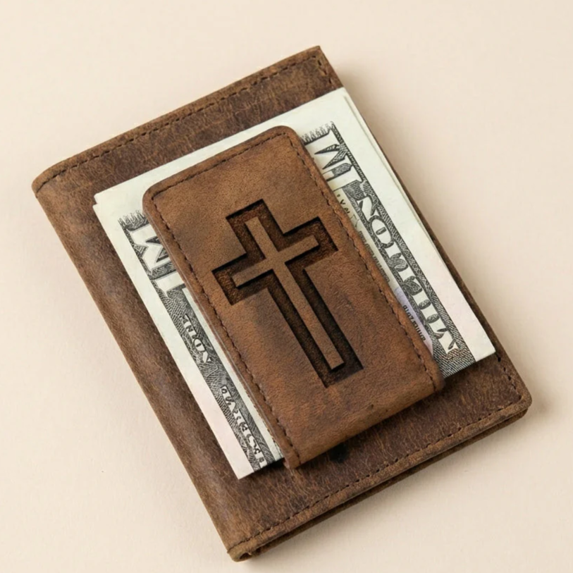 Men's Leather Christian Cross Money Clip Wallet