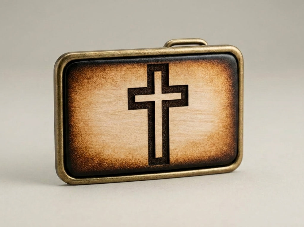Rustic Leather Inlay Cross Belt Buckle - Vintage Christian Accessory