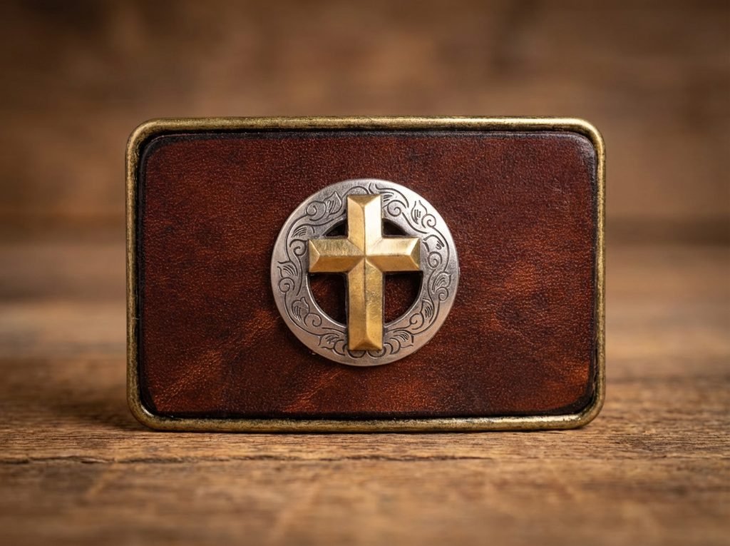 Christian Cross Design Handcrafted Leather Inlay Belt Buckle – Laser Engraved