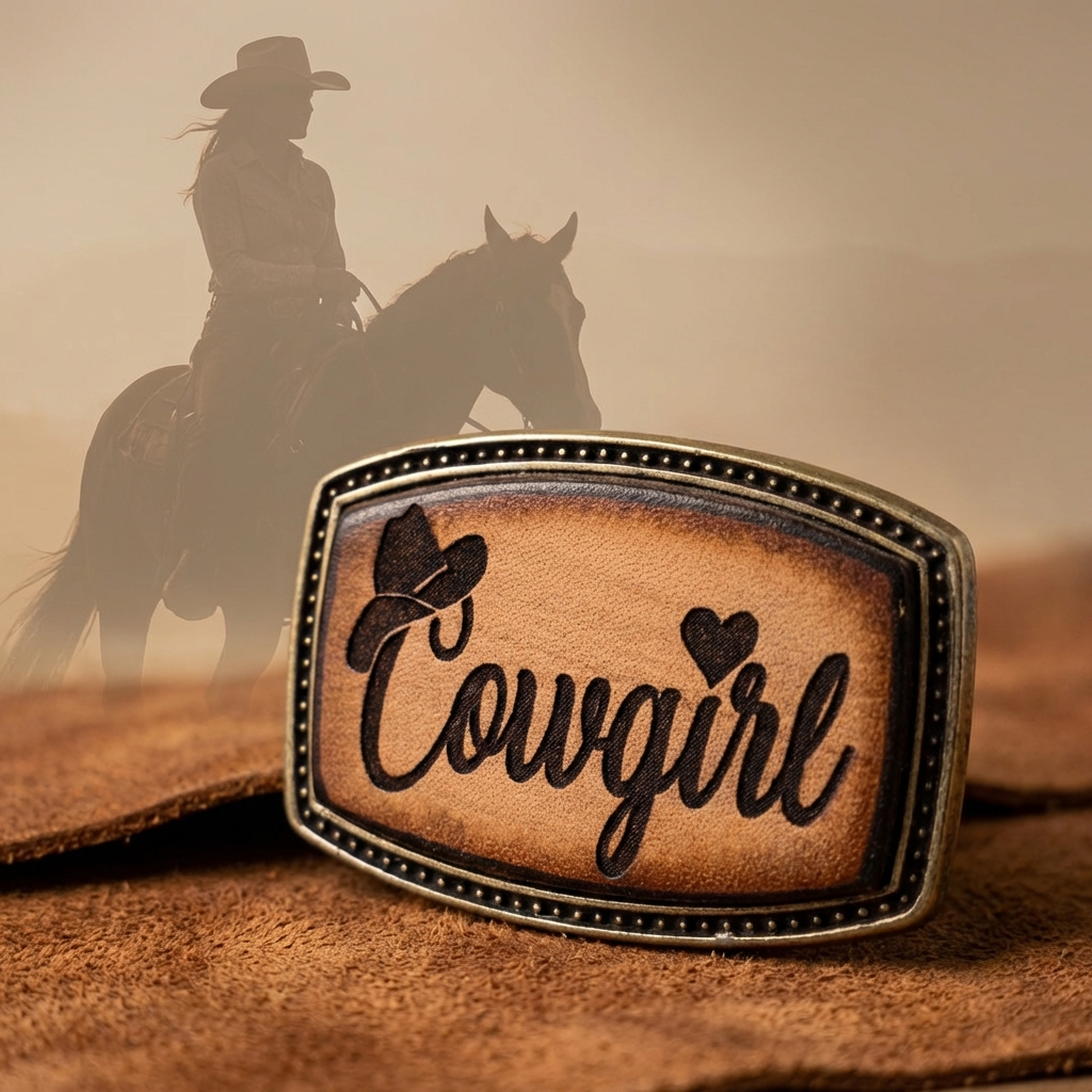Cowgirl Design Handcrafted Leather Inlay Belt Buckle – Laser Engraved