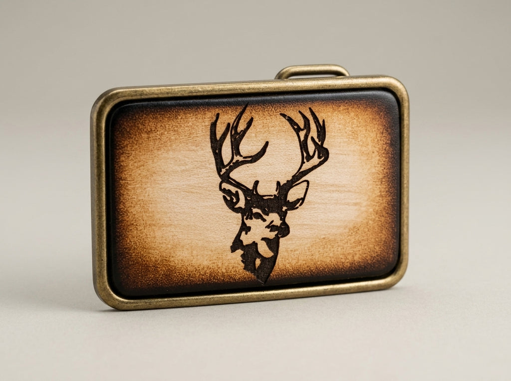 Handcrafted Engraved Leather Deer Stag Belt Buckle - Western Style