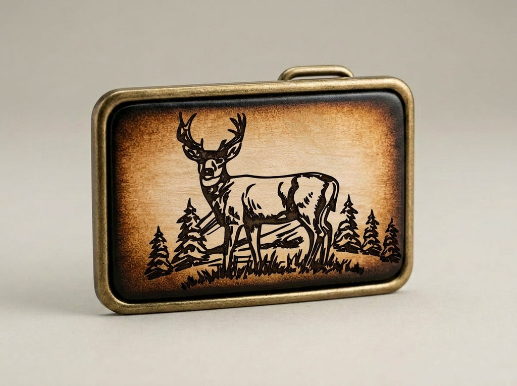 Deer in the Pines Handcrafted Leather Inlay Belt Buckle