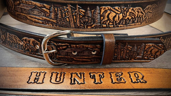 Personalized Kid's Leather Belt with Deer Scene | Miller's Leather Shop