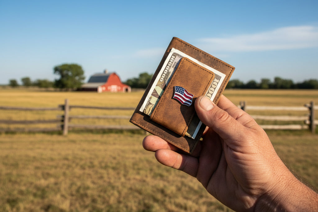 Leather Money Clip Wallet with USA Flag Pin - Brown