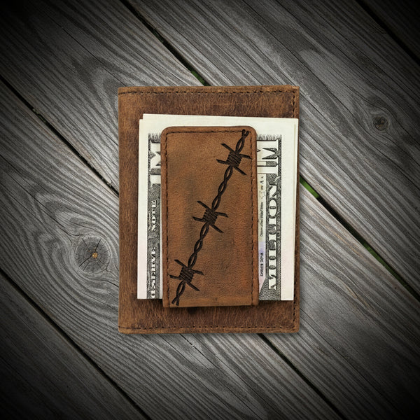 Rustic Leather Money Clip Wallet - Barbed Wire Design