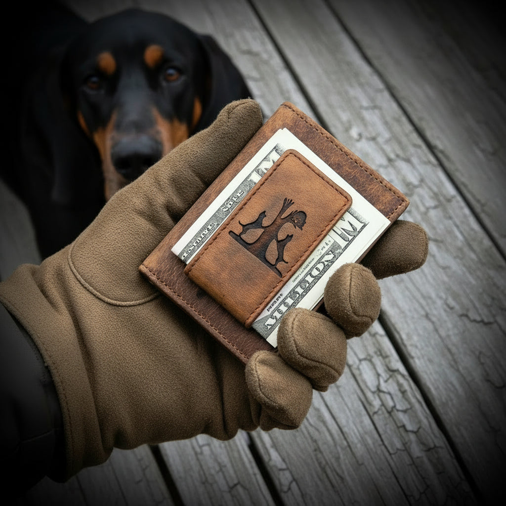 Personalized Leather Money Clip Wallet - Tree with Dogs