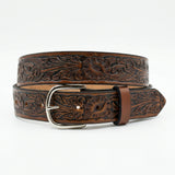 Handmade Carved Morning Glory Western Leather Belt - Tooled Full Grain Cowhide