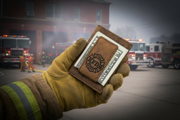 Leather Money Clip Wallet with Fire Dept. Emblem