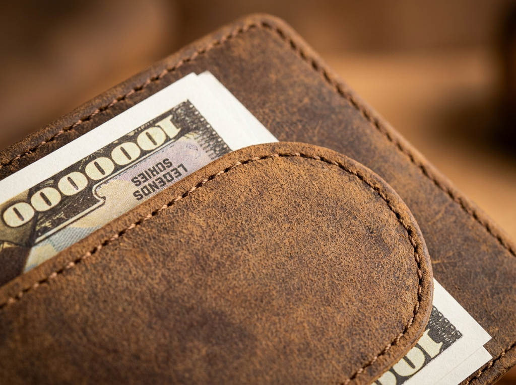 Leather Wallet Money Clip with Deer Engraving