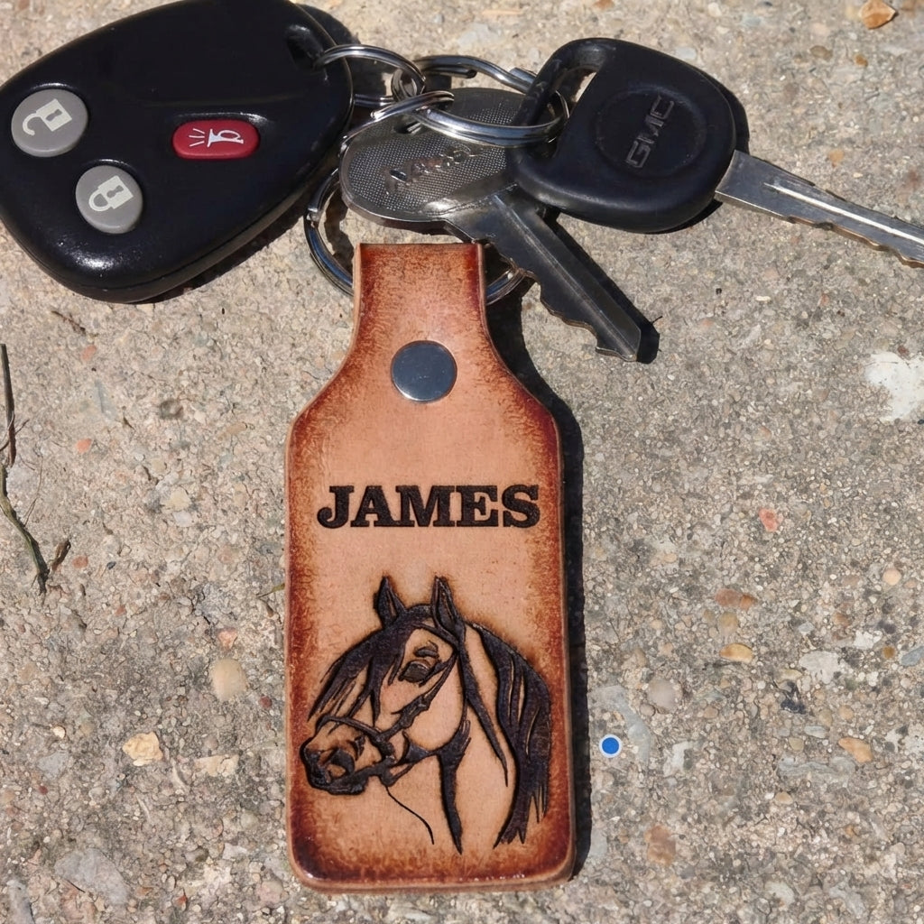 Personalized Leather Horse Keychain - Custom Engraved Key Fob
