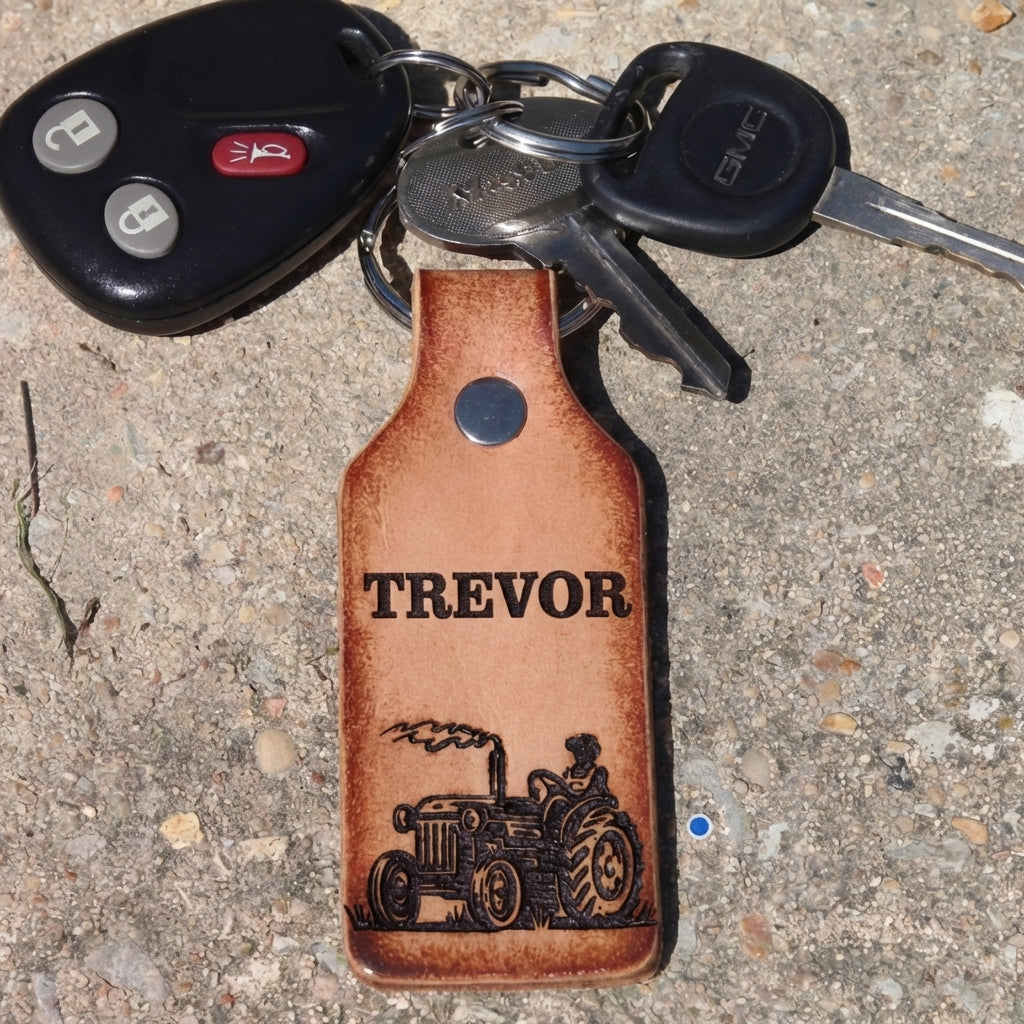 Leather Tractor Keychain - Personalized Custom Name Engraved Farmer Gi