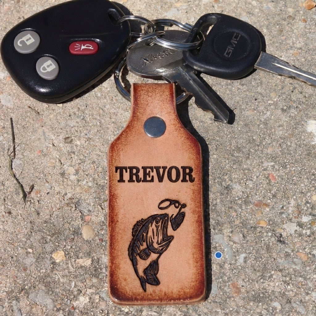 Personalized Bass Fishing Leather Keychain - Custom Engraved Key Fob