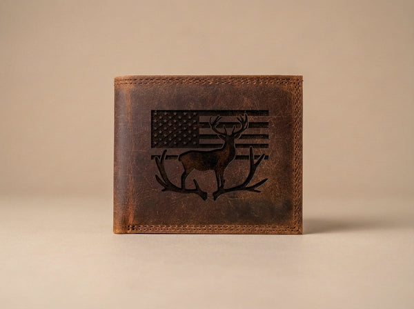 Leather Deer with Flag and Antlers Bifold Wallet