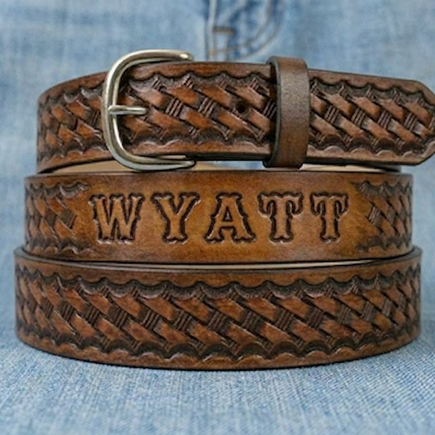 Personalized Kid's Leather Belt - Basketweave Cowboy Belt | Miller's Leather Shop