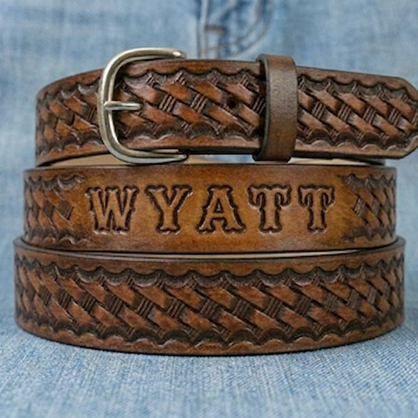 Personalized Kid's Leather Belt - Basketweave Cowboy Belt | Miller's Leather Shop