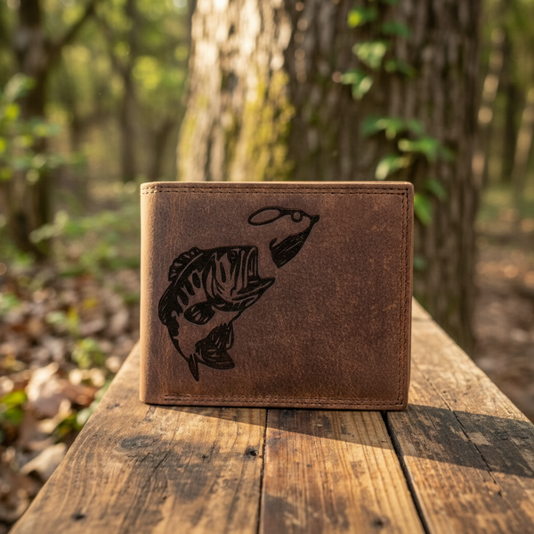 Personalized Leather Wallet with Fishing Bass Design