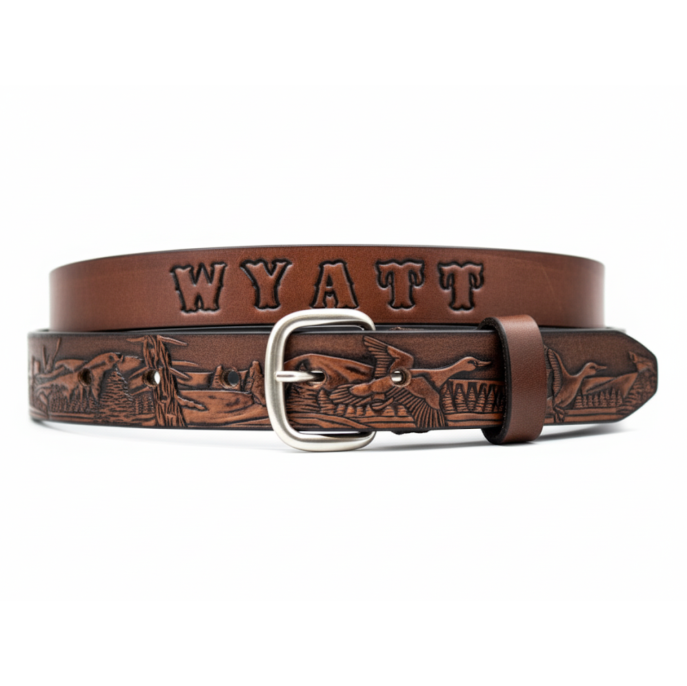 DUCK Hunter Belt, tooled leather belt, personalized belt, Name Engraved Free!
