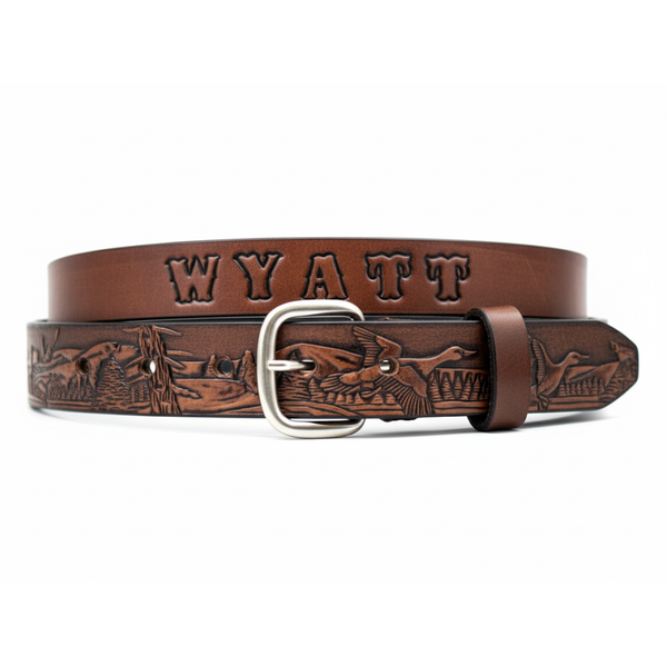 DUCK Hunter Belt, tooled leather belt, personalized belt, Name Engraved Free!