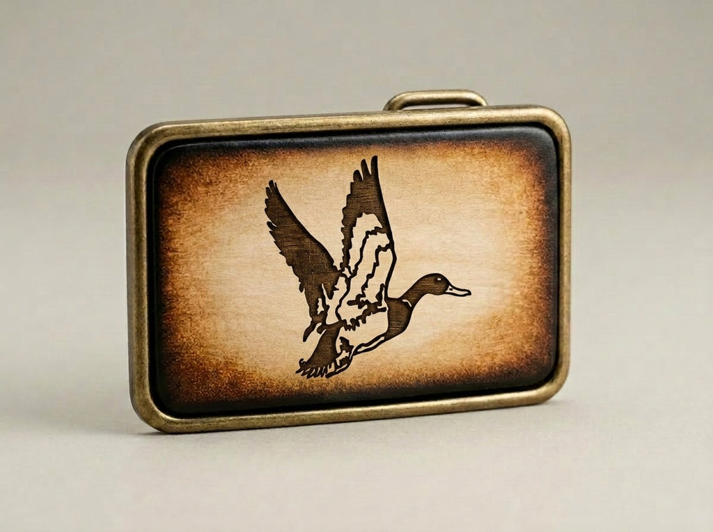 Handcrafted Leather Flying Duck Belt Buckle - Rustic Mallard Design
