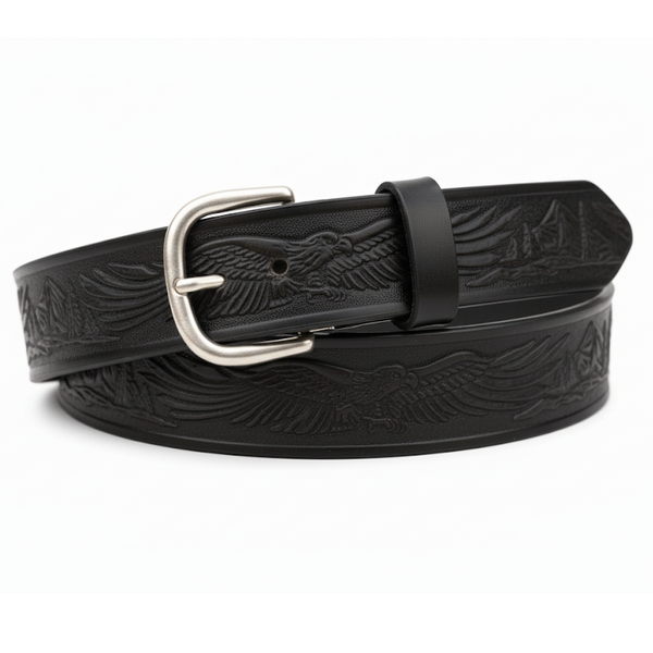Handcrafted Leather Belt with Eagle in Flight and Mountains(Solid Leather and no stitching)