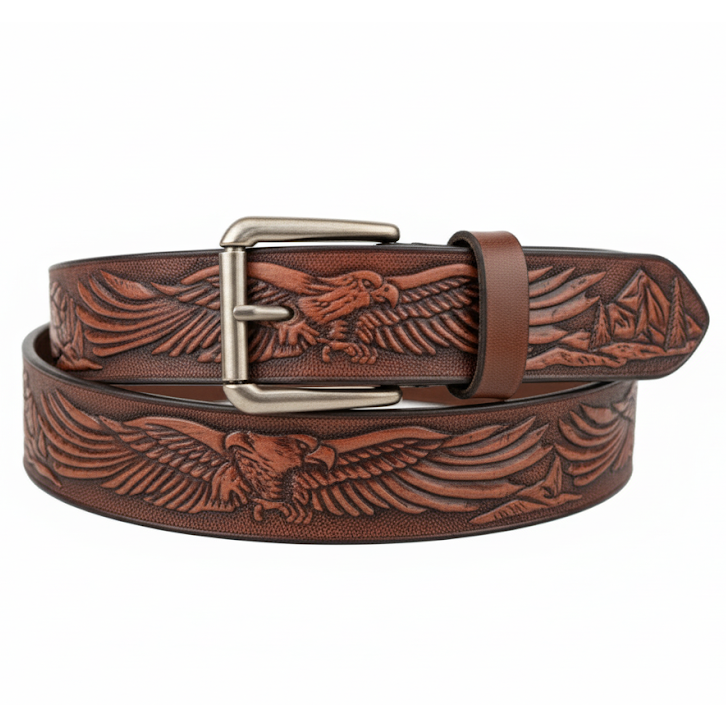 Handcrafted Leather Belt with Eagle in Flight and Mountains(Solid Leather and no stitching)