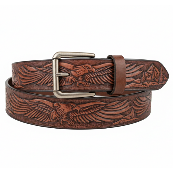 Handcrafted Leather Belt with Eagle in Flight and Mountains(Solid Leather and no stitching)