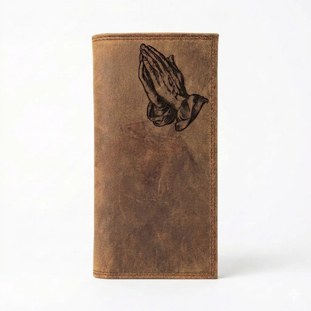 Praying Hands Engraved Brown Leather Long Wallet