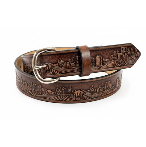 Farm Tooled Leather Belt, Tractor Belt, Made in the USA by Miller's Leather Shop
