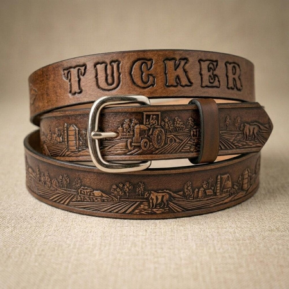 Tractor and Cows Farming Leather Belt - Name Free!