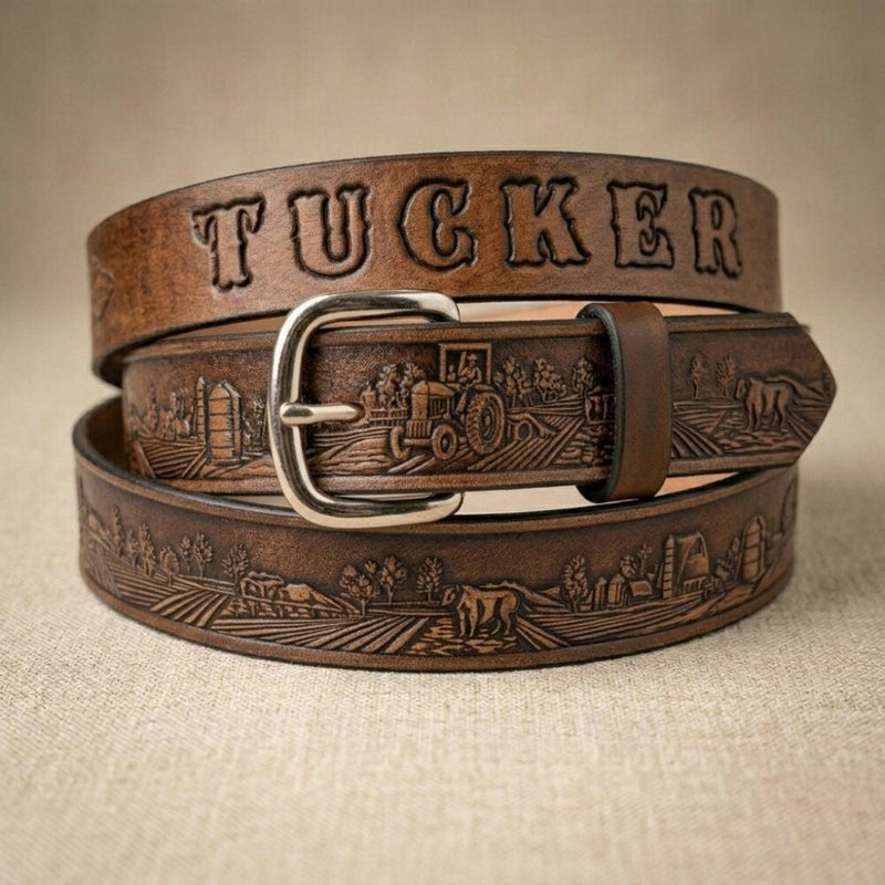 Custom Farm Tooled Leather Belt - Handmade Tractor Belt | Made in USA