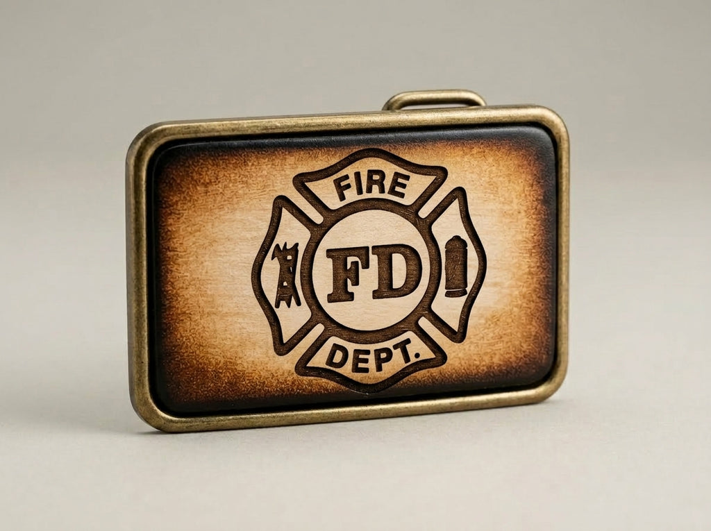 Firefighter Fire Dept FD Leather Inlay Belt Buckle - Vintage Style