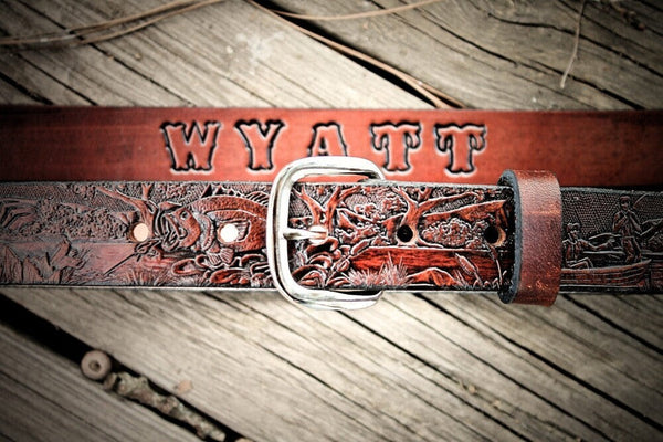 Personalized Kids Leather Belt, Fishing Scene - Miller's Leather Shop