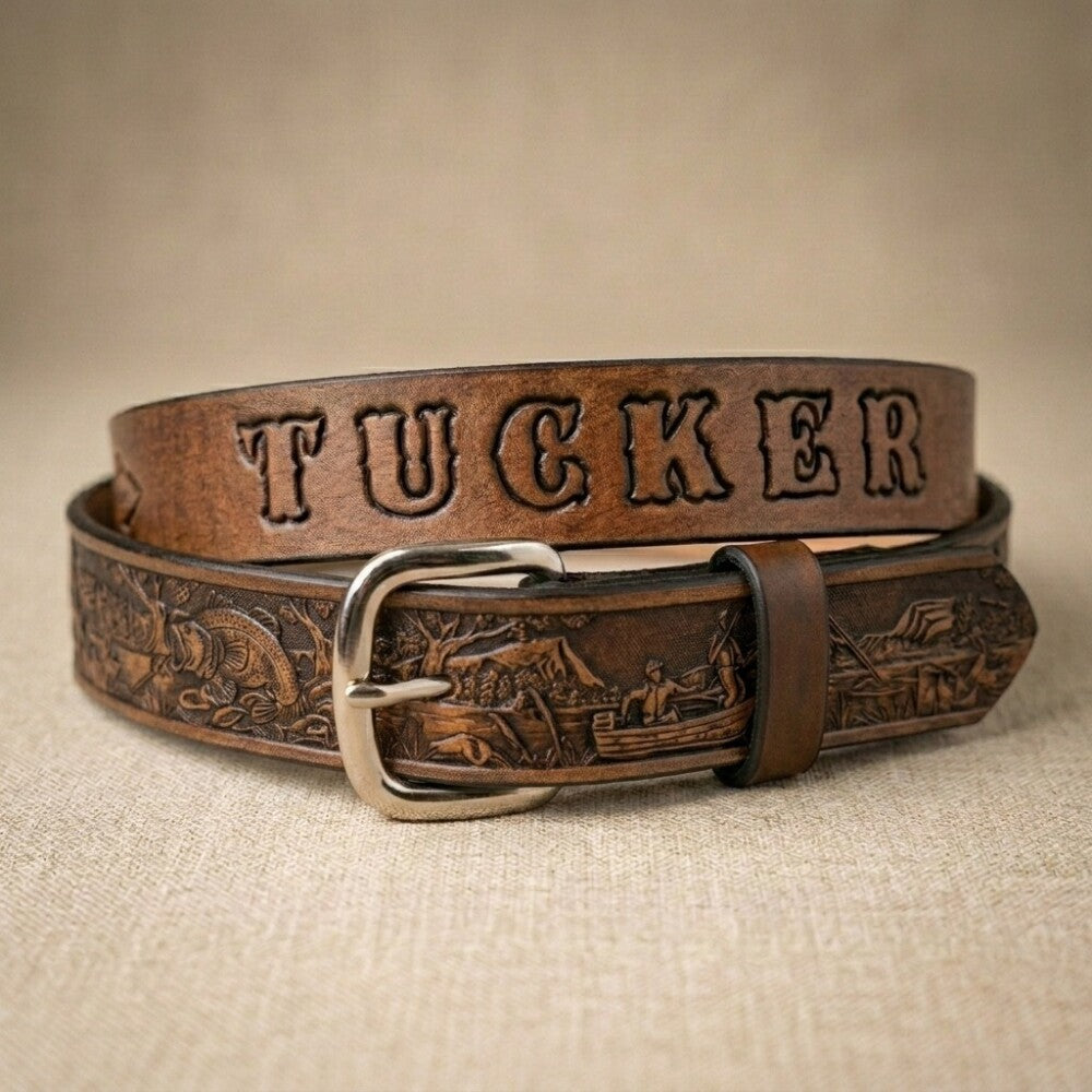Personalized Kids Leather Belt, Fishing Scene - Miller's Leather Shop